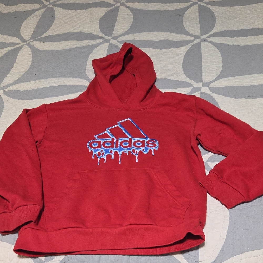 Kids Adidas Red Hoodie with Blue Logo